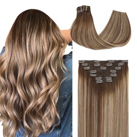 Clip in Hair Extensions Real Human Hair, SURNEL Chocolate Brown to Caramel Blonde Human Hair Extensions Clip in Hair Extensions 140g 7pcs 14 Inch(7C#4/27/4-14")