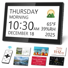 10.1'' Large Display Calendar Clock with 12 Themes, 20 Alarms, 20 Reminders, 6 Languages, Auto Dimming, 12/24 Hours, Indoor Temperature, Humidity, Dementia Clock for Seniors