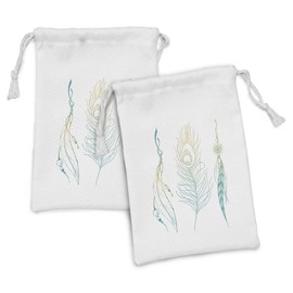 Ambesonne Peacock Fabric Pouch Set of 2, Aesthetic First Nations Feather and Peacock Tail Traditional Design Print, Small Drawstring Bag for Toiletries Masks and Favors, 9" x 6", Mint Green Yellow
