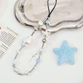 Beaded Camera Wrist Strap Cute Pearl Digital Camera Charm Lanyard, Phone Wristlet Charms, Beaded Camera Chain for Phone, Bag, Keychain Accessories (White Conch)