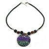 Avalaya Black Faux Leather Beaded Cord with Purple/Green/Black Shell Pendant