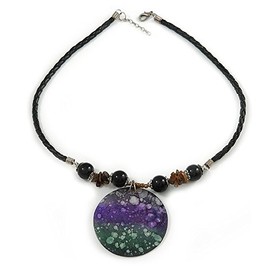Avalaya Black Faux Leather Beaded Cord with Purple/Green/Black Shell Pendant Necklace - 50cm L/ 3cm Ext