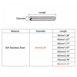 Sourcing Map 6x80mm Dowel Pin, 5pcs 304 Stainless Steel Round Head Flat Chamfered End Bunk Bed Pins Shelf Pegs Support Shelves Fasten Elements