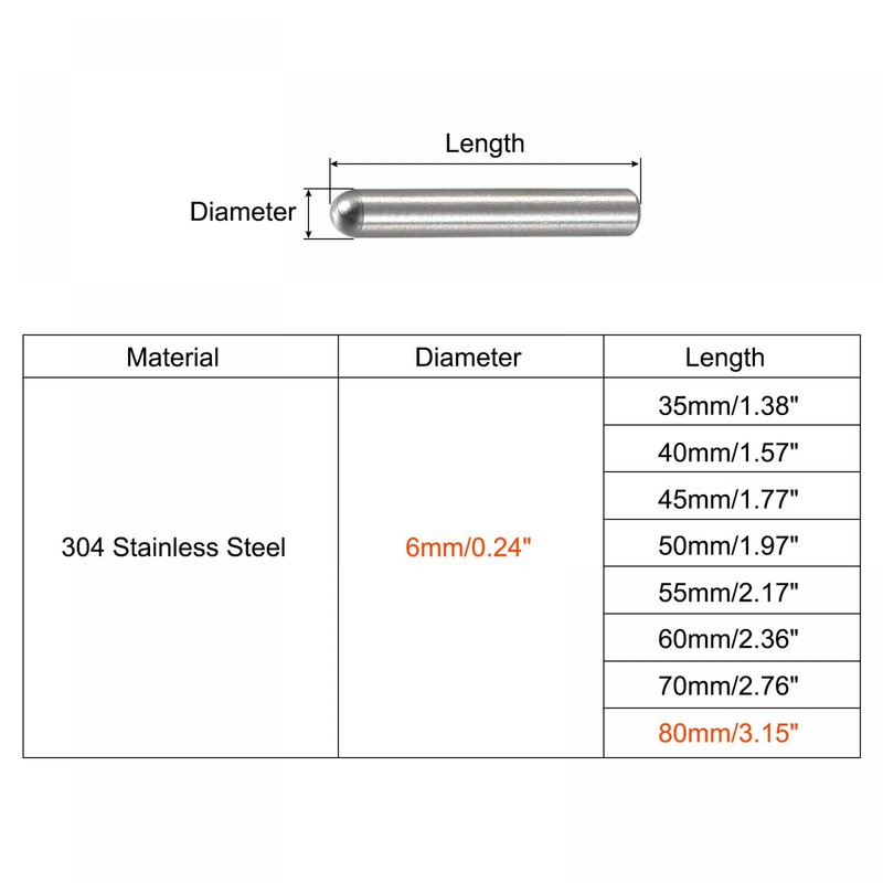 Sourcing Map 6x80mm Dowel Pin, 5pcs 304 Stainless Steel Round
