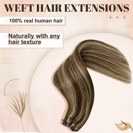 Hetto Weft Hair Extensions Human Hair Sew in Real Hair Extensions Brown Highlights Caramel Blonde Sew in Weft Hair Extensions Real Human Hair Brown Hair Weave 14 Inch 80g #4/27