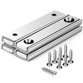 DIYMAG Strong Neodymium Rectangular Magnets 4Pack, 2.36" x 0.53" x 0.20" 80LBS Pulling Force Countersunk Hole Magnet with Mounting Screws Rare Earth Cabinet Magnetic Bar for Wall Mounting,Silver