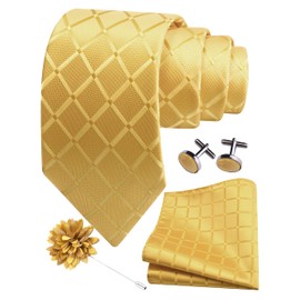 Gusleson Mens Gold Tie for Wedding Light Yellow Plaid Necktie Pocket Square Cufflinks and Lapel Pin Brooch Set (UK6104-26)