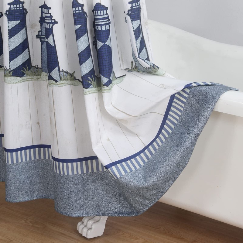 D DS CURTAIN Lighthouse Farmhouse Blue Sea Sailing White Printed