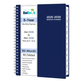 Monthly Planner 2026-2030, 5-Year Calendar Planner 2026-2030, Jan 2026 – Dec 2030, 6.2 x 8.4 In, Ruled Spread, Flexible Cover, Spiral Wirebound, Pocket, 60 Coated Monthly Tabs, Notes ＆ Habit Tracker