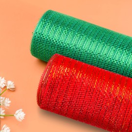 NAUZE 2 Rolls 10 Inch x 10 Yards Christmas Poly Mesh Ribbon Red Green Metallic Foil Deco Mesh Ribbon for Wreath Swags (Red, Green)