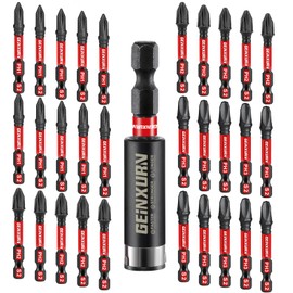 Geinxurn Screwdriver Bit Set #1#2#3 Phillips, 30 Pieces PH1 PH2 PH3 50 mm 1/4 Inch Hex Shank S2 Alloy Steel Impact Resistant Bit Set with 1 Piece 60 mm Magnetic Bit Holder, Bulk