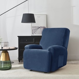 CONRUSER Recliner Chair Covers, 4-Piece Velvet Stretch Recliner Slipcover Single Seat Couch Cover Soft Furniture Protector with Pocket (Navy)
