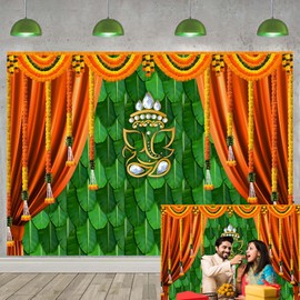 Indian Pooja Traditional Festival Backdrop Marigold Green Banana Leaf Ganesh Background Puja Ganpati Wedding Party Decorations Photo Props 2.1 x 1.5 m
