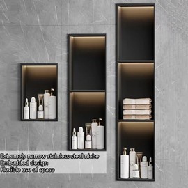 pujindu Wall Niche Shower Stainless Steel with LED Light, Embedded Shower Niche, Shower Niche Wall Insert, No Tile Needed for Bathroom Kitchen(Black,70x28x12.5cm)