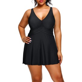 Holipick - Vestido de natación para Mujer, Talla Grande, Traje de baño de una Pieza con Falda, Cuello en V, Control de Abdomen, Negro -, 24 Plus
