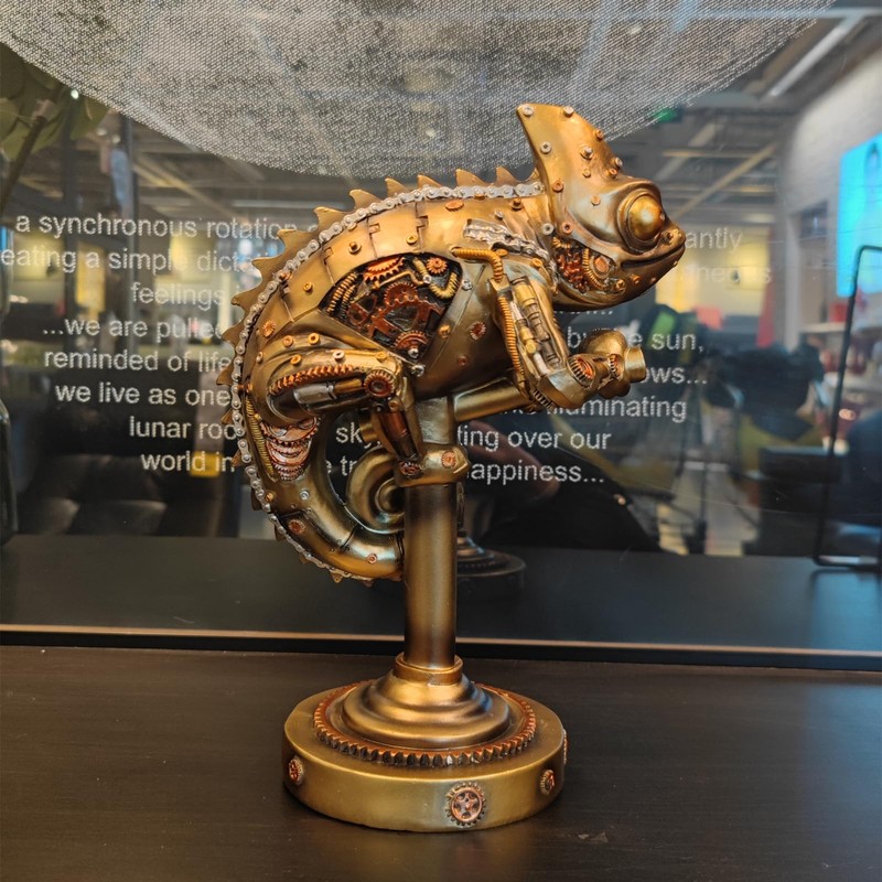 GENUINQ Steampunk Lizard Chameleon Statue Hand Painted Sculpture Resin Cyborg