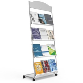 Floor-Standing Magazine Rack 4-Layer with Wheels, Semi-arched top Brochure Display Stand, High-hardness metal for Exhibitions, Office, and Any Organization Requiring Information Display (Arc-Sliver)