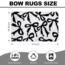 Bow Rug Black Bathroom Rugs, Coquette Bath Mat Non-Slip Absorbent Cute Aesthetic Room Decor Bathmat, Washable Plush Carpet for Bathtub Shower, Bedroom, Kitchen(20''*31'')