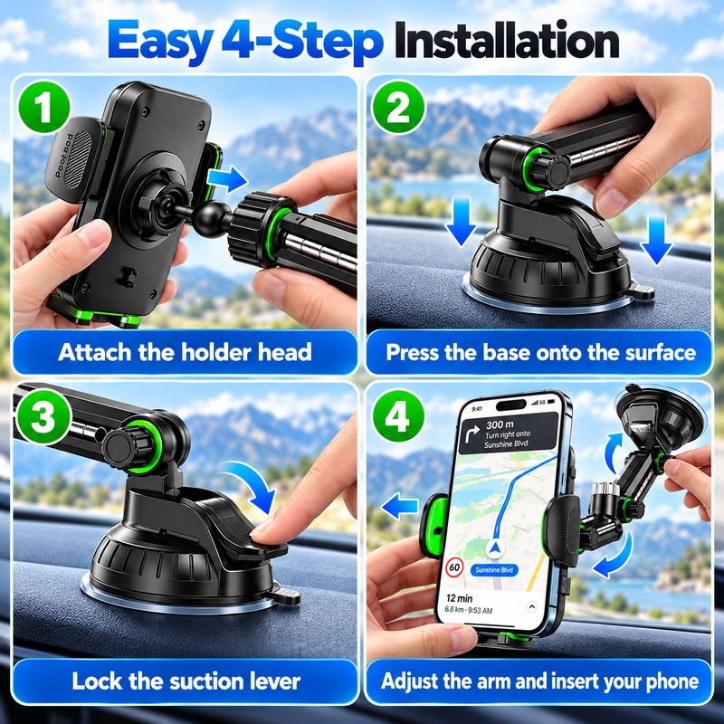 Suction Cup Car Phone Holder for Hands-Free Driving – Adjustable