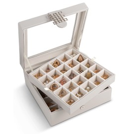 Glenor Co Earring Organizer - Classic 50 Section Jewelry Box/Case/Holder for Earrings, Rings, Necklaces, Jewelry, Cufflinks or Collections -2 Layer Small Compartments with Large Glass Top - Grey