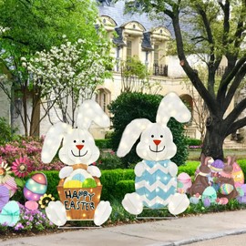 Vanthylit 2 Pcs Rabbit Outdoor Easter Decorations, Lighted Bunny with 120 Lights, 2D Easter Rabbit Lights Easter Decor for Indoor Outdoor Festive Holiday Fireplace Garden Yard Lawn Patio