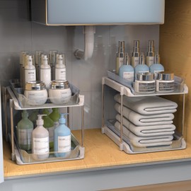 TOPITOP 2 Pack of 2 Tier Under Sink Storage Organizer for Bathroom, kitchen sink organizer under cabinet, Pull Out Eustatian and Make Up Cabinet undersink organizers bathroom with Movable Dividers…