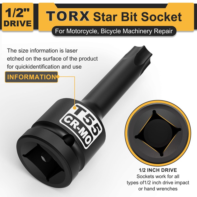 Aiourx 1/2" Drive T55 Torx Star Bit Socket, CR-MO Steel,