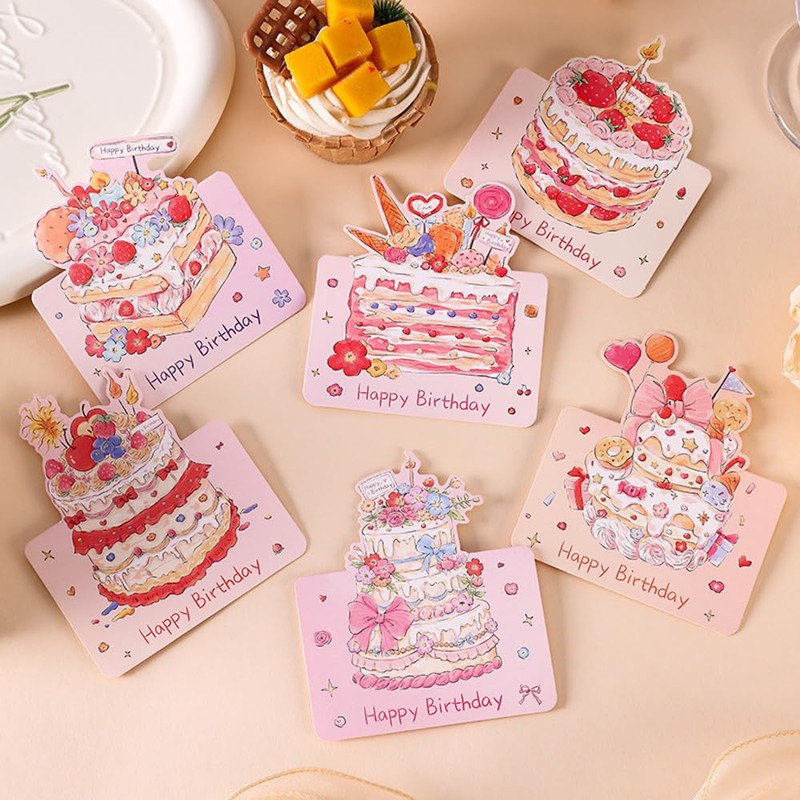 Youchicnow メッセージカード バースデーカード 6枚セット 水彩風ケーキデザイン 折りたたみ式 グリーティング お誕生日おめでとう 感謝カード ミニレター