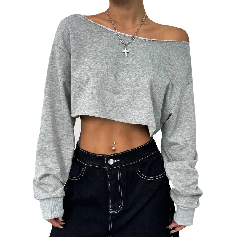 Remidoo Women's Off the Shoulder Cropped Sweatshirt Asymmetrical Neck Long