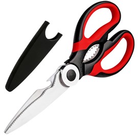 Cutallo Kitchen Scissors Stainless Steel Sharp Blades with TPR Grip - Multipurpose Kitchen Scissors Heavy Duty for Meat, Chicken, Fish, Vegetables, and Herbs – Bottle Opener (Red)