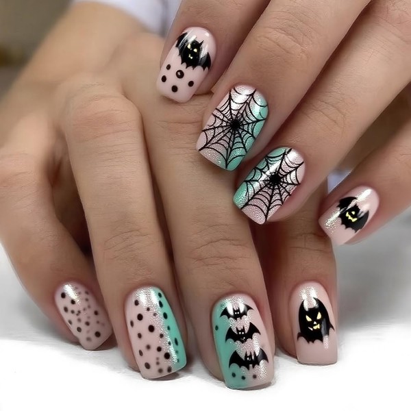 24Pcs Halloween Press on Nails Short Square Fake Nails with