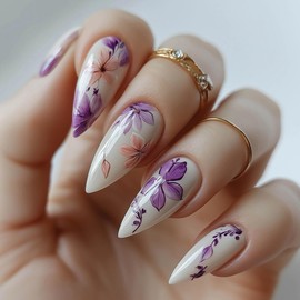 MERVF Almond Press on Nails Medium Fake Nail White Glue ons Purple Flower Stiletto Acrylic Elegance Art Manicure Glossy 24pcs