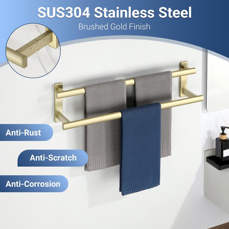 SAYAYO Double Towel Bar for Bathroom, 24 Inch Brushed Gold