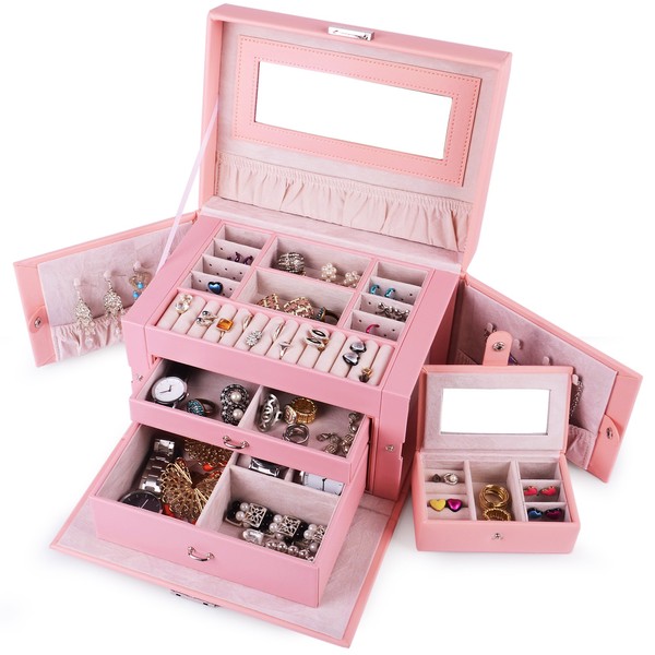 Kendal Large Leather Jewelry Box/Case/Storage/Organizer with Travel Case and Lock (Pink)