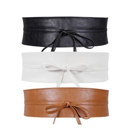 WERFORU 3 Pack Women Obi Belt PU Leather Self Tie Wrap Wide Waistband Boho Belt for Costumes, Black+White+Brown, Suit for Waist Size 39"-43"