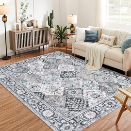 Moroccan Trellis Area Rug 5x7 Washable Vintage Floral Print Rugs, Boho Non Slip Indoor Carpet for Entryway Living Room Kitchen Bedroom Laundry Room, Grey Green