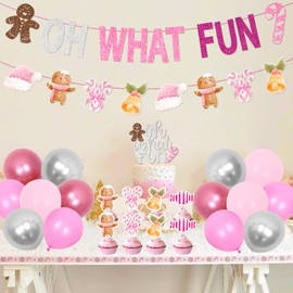 Christmas Oh What Fun It Is to Be One Birthday Decorations Pink Oh What Fun Banner Gingerbread Man Santa Hat Garland Cupcake Toppers for Girl Winter Xmas Christmas 1st 2nd 3rd Birthday Party Supplies