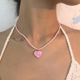 Allereyae Vintage Heart Pendant Necklace Pink Seed Bead Choker Necklace Oil Drop Heart Love Choker Necklace Pink Rice Bead Necklace Jewelry for Women