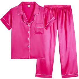 Vopmocld Girls Button Down Satin Pajama Sets Silky Short Sleeve Top & Pants Lounge Wear Teens Cozy Nightwear 2PCS PJS With Multiple Color, Rose, 10