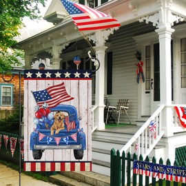 Louise Maelys 4th of July Garden Flag 12x18 Double Sided, Small Burlap Truck Golden Retriever Dog Welcome Patriotic Garden Yard House FLags for Memorial Day Independence Day Outdoor Decor (ONLY FLAG)