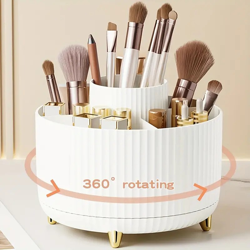 360° Rotating Makeup Brush Organizer for Vanity – 5-Compartment PP