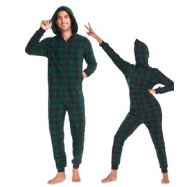 COLORFULLE Christmas Onesie for Couples Fleece Jumpsuit Full Zip Pajamas Long Sleeve with Pockets, green plaid mens