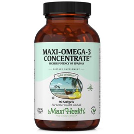 Maxi Health Omega 3 Supplement - Omega-3 Fish Oil Concentrate - Higher Potency Source of EPA/DHA Fatty Acids - Heart, Brain & Joint Health - Kosher Certified Wild Caught Fish - 90 Vegetarian Softgels