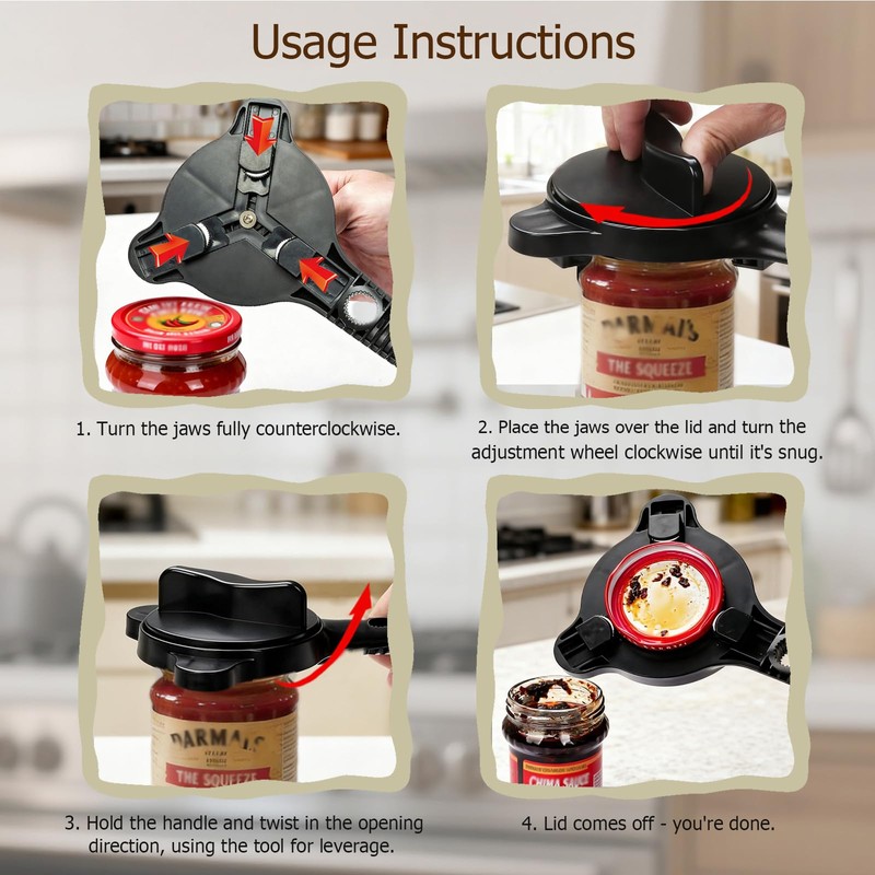 4-in-1 Jar Opener, Adjustable Jar Opener for Seniors, Kitchen Tool