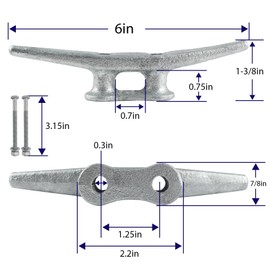 ORLANG 6 Inch Dock Cleat, Hot Dipped Galvanized Cast Iron Boat Cleats with Hardware, Rope Cleat Boat Dock Cleat for Boat Docks, Decks or Nautical Decor (2 Pack)