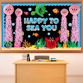 Ocean Bulletin Board Set 3D Under The Sea Animal Back to School Classroom Decorations Happy to Sea You Bulletin Board Decorations Paper Flowers Ocean Animal Cutouts for Classroom Chalkboard Wall Decor