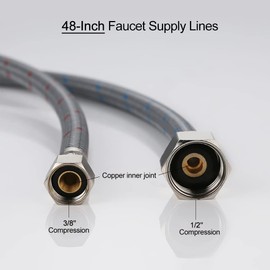 48" Length Faucet Supply Line, WOWOW Bathroom Kitchen Faucet Lines Braided Nylon Sink Hose with 3/8-Inch Female Compression Thread x 1/2" Comp 2Pcs (1 Pair)