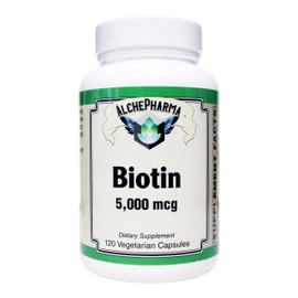 AlchePharma Biotin 5,000 mcg (5 mg) per Easy to Swallow Capsule *Free of Yeast, Wheat, Gluten and preservatives