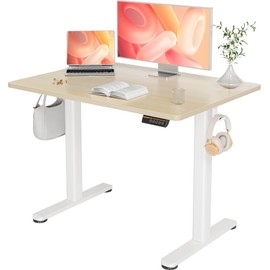 YDN Electric Standing Desk Adjustable Height, 40 x 24 Inches Stand up Desk with Cable Management, Home Office Desks with Splice Board & White Frame, Nature Top