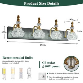LBSQJ Bathroom Light Fixtures, Modern Glass Crystal Bathroom Vanity Light Vintage Bathroom Lighting Fixtures Over Mirror 4 Light Vanity Lights G9 Bulb (27.55 Inch, Black Gold)